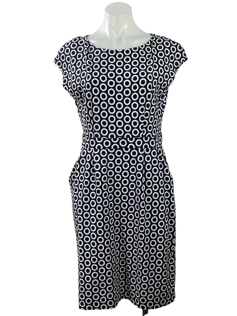 Boden Womens Blue White Polka Dots Short Cap Sleeve Pleated Midi Sheath Dress 8